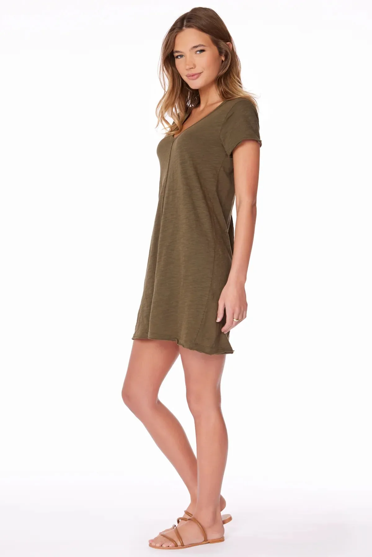 V Neck Raw Edge T-Shirt Dress - Troops