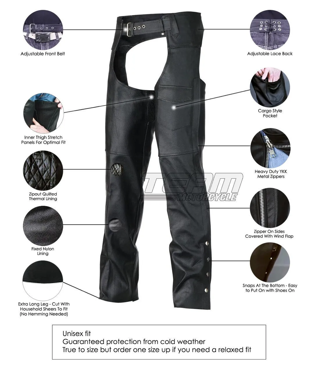 Vance Leather Unisex Black Zip-out Insulated Thermal Liner Biker Leather Motorcycle Chaps
