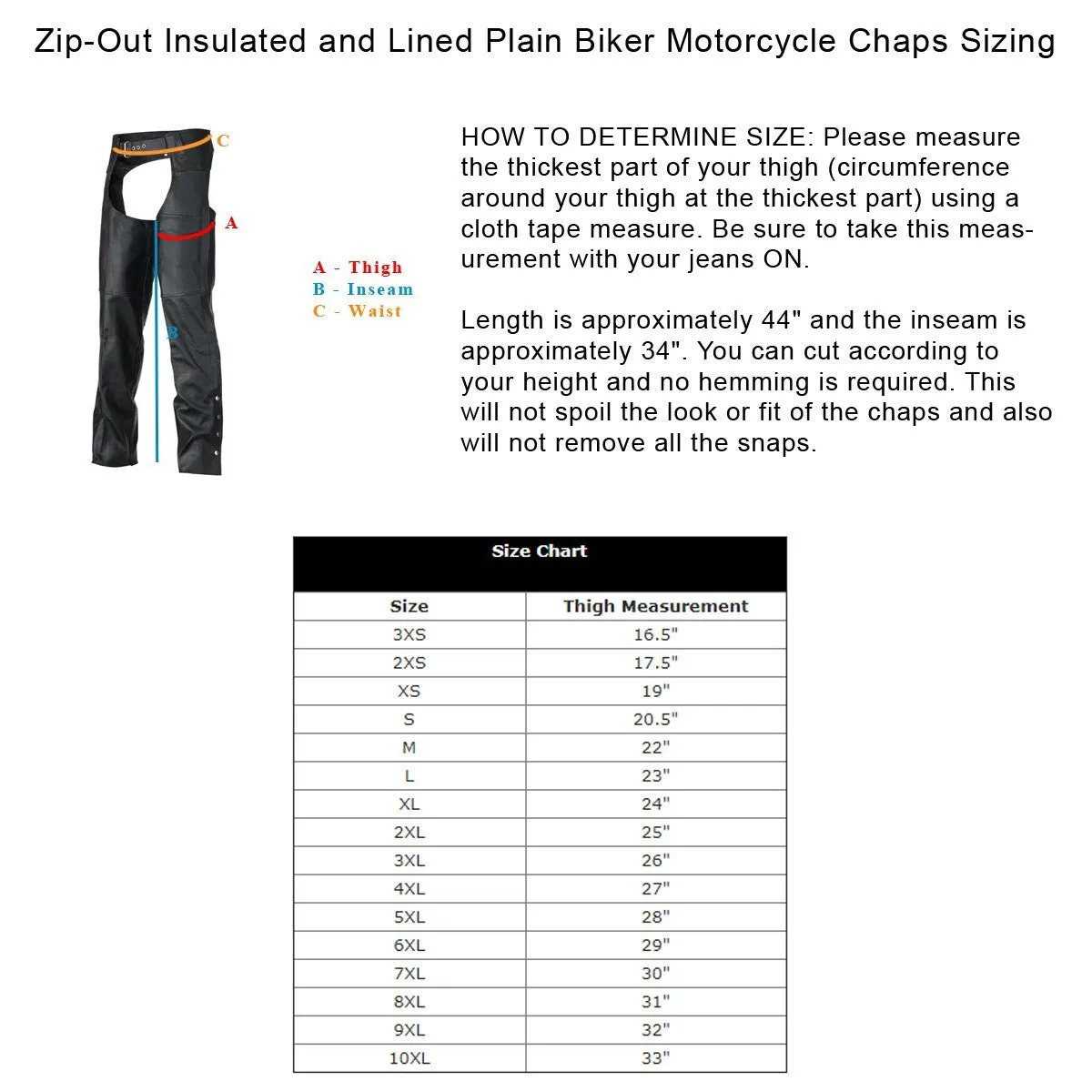 Vance Leather Unisex Black Zip-out Insulated Thermal Liner Biker Leather Motorcycle Chaps