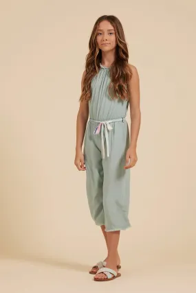 VIN Bleached Aqua Belted Raw Edge Jumpsuit