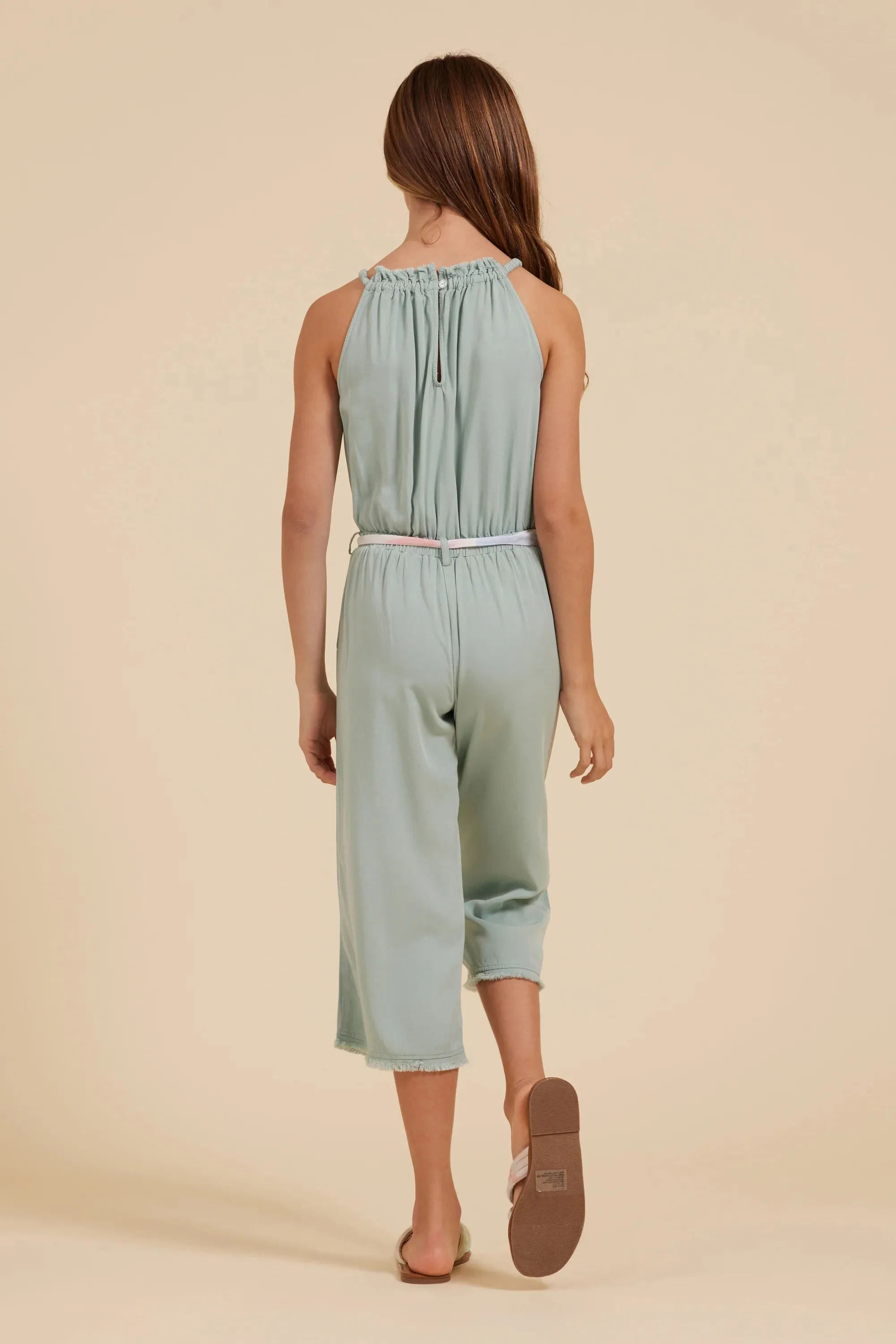 VIN Bleached Aqua Belted Raw Edge Jumpsuit