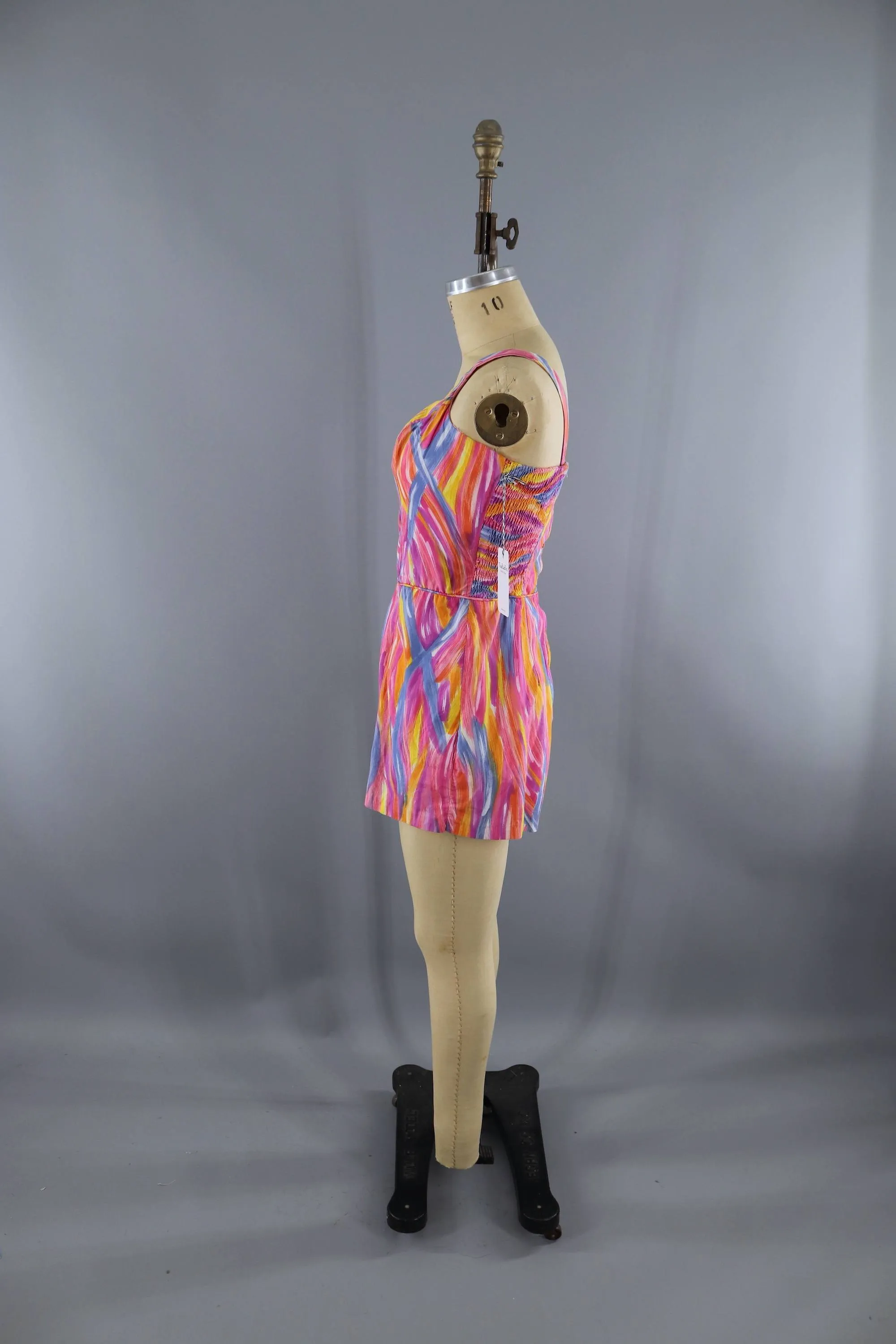 Vintage 1960s Read's Romper Swim Playsuit / Pink Abstract Print Cotton