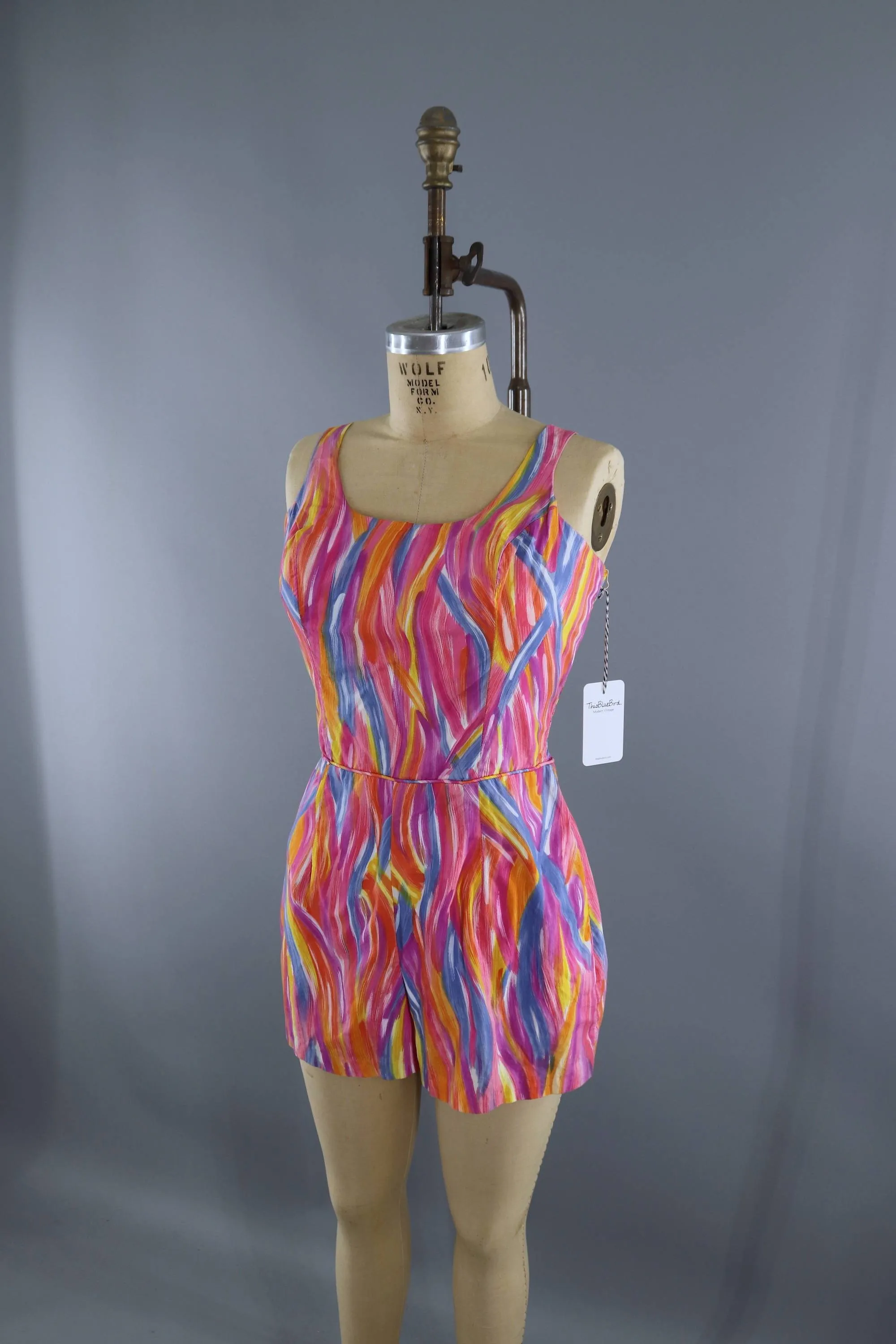 Vintage 1960s Read's Romper Swim Playsuit / Pink Abstract Print Cotton