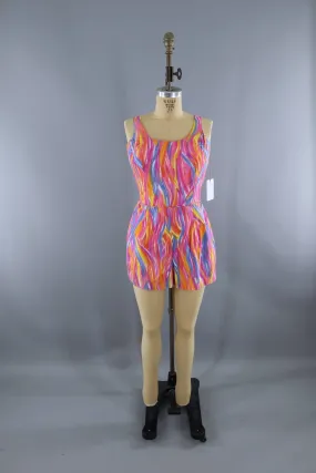 Vintage 1960s Read's Romper Swim Playsuit / Pink Abstract Print Cotton