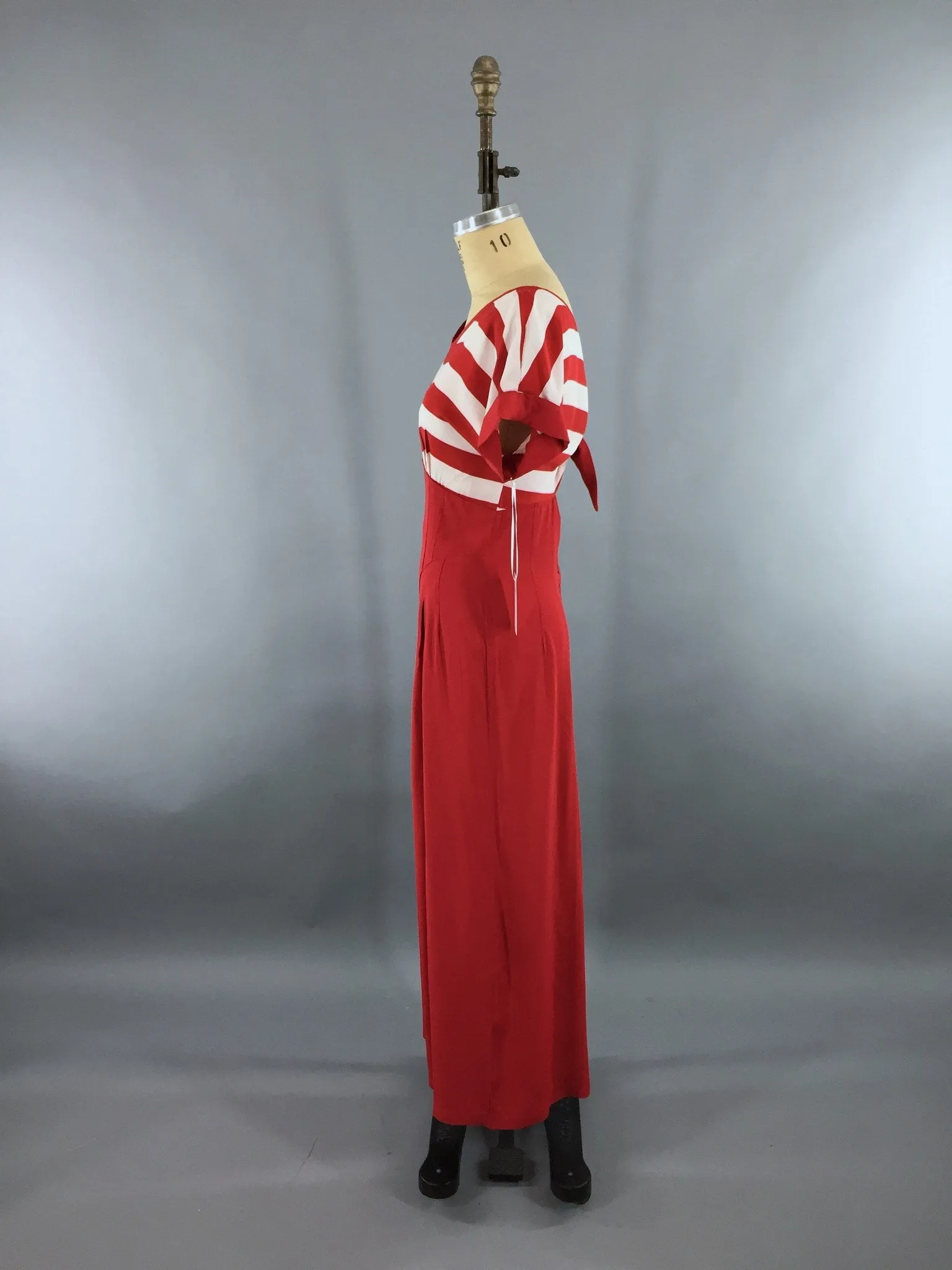 Vintage 1980s Jumpsuit / Beach Pajamas / Red & White Nautical Breton Stripes