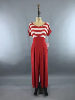 Vintage 1980s Jumpsuit / Beach Pajamas / Red & White Nautical Breton Stripes