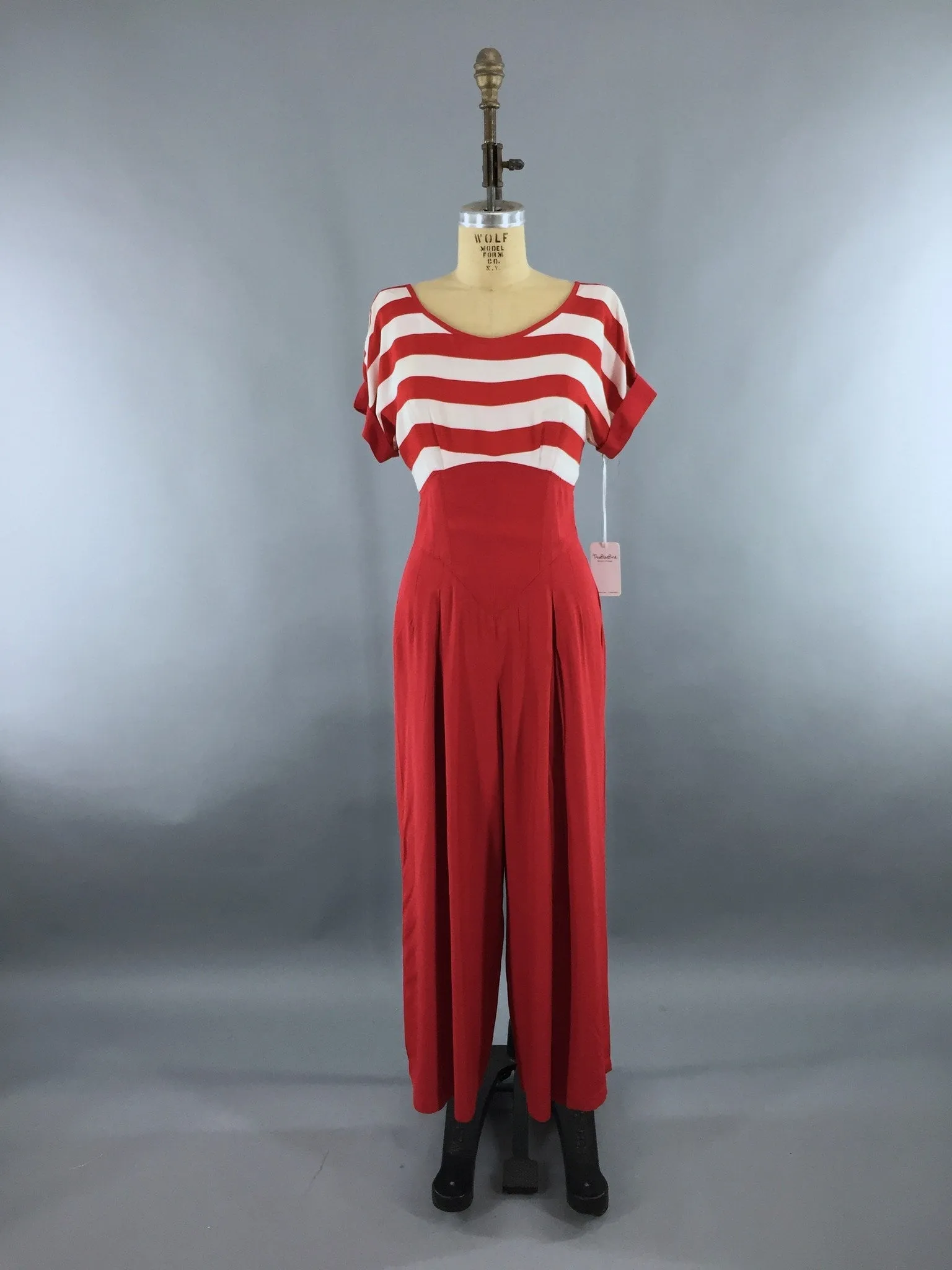 Vintage 1980s Jumpsuit / Beach Pajamas / Red & White Nautical Breton Stripes