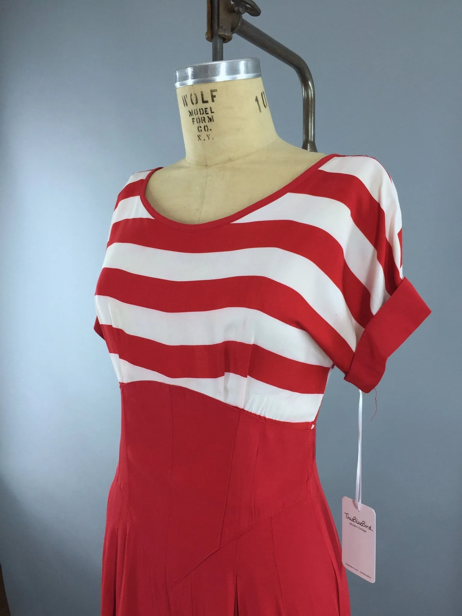 Vintage 1980s Jumpsuit / Beach Pajamas / Red & White Nautical Breton Stripes