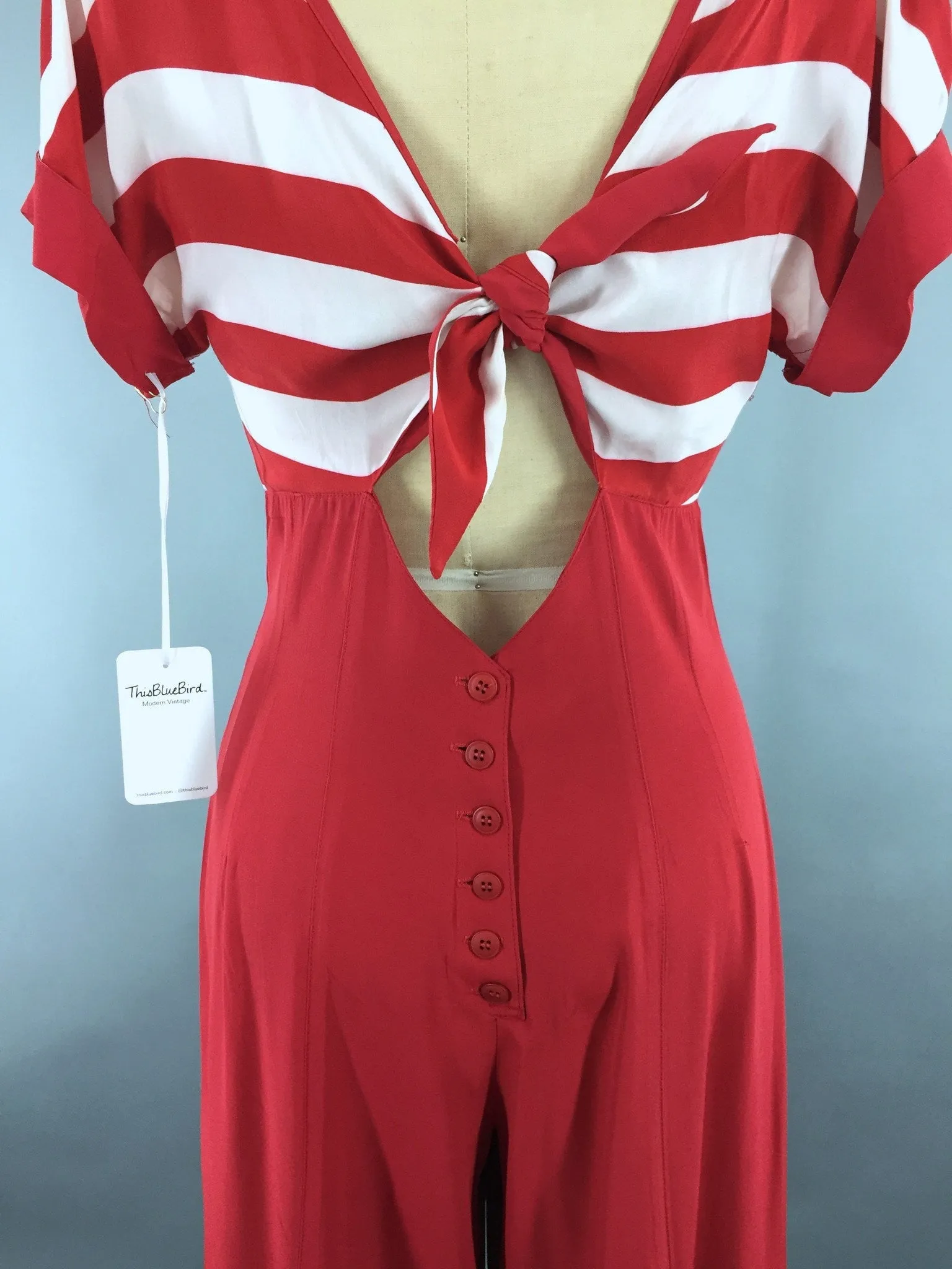 Vintage 1980s Jumpsuit / Beach Pajamas / Red & White Nautical Breton Stripes