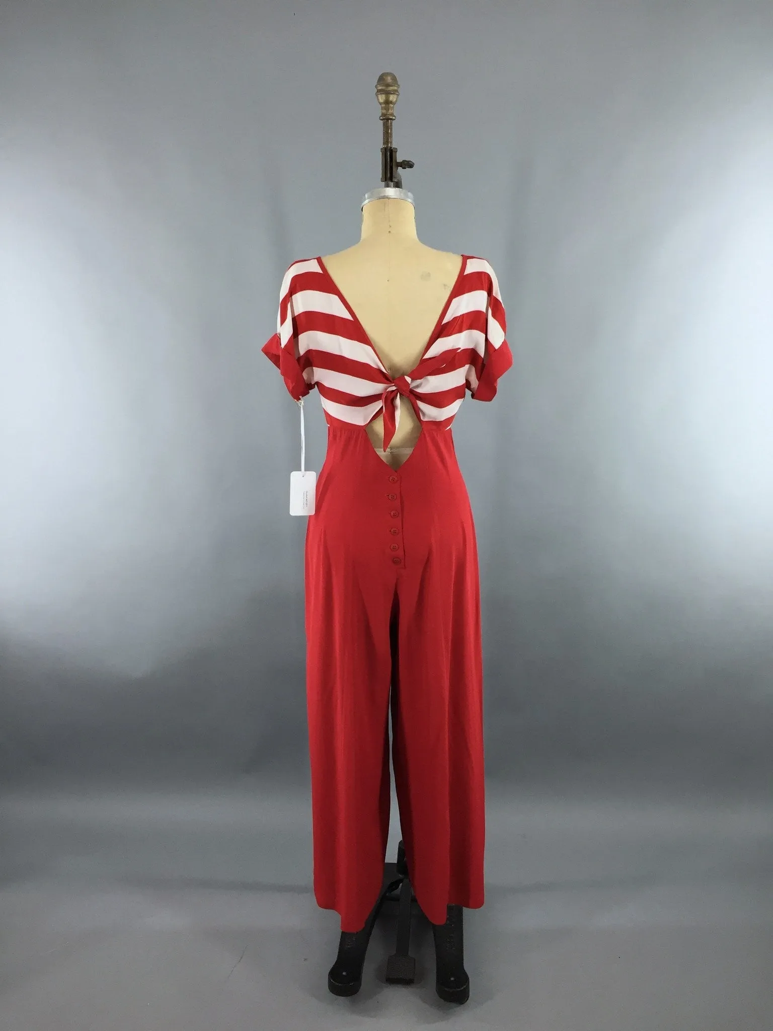 Vintage 1980s Jumpsuit / Beach Pajamas / Red & White Nautical Breton Stripes