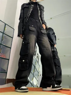 Vintage Baggy Wide Leg Women's Jeans with Straight Fit and Multi-pocket Denim Cargo Design