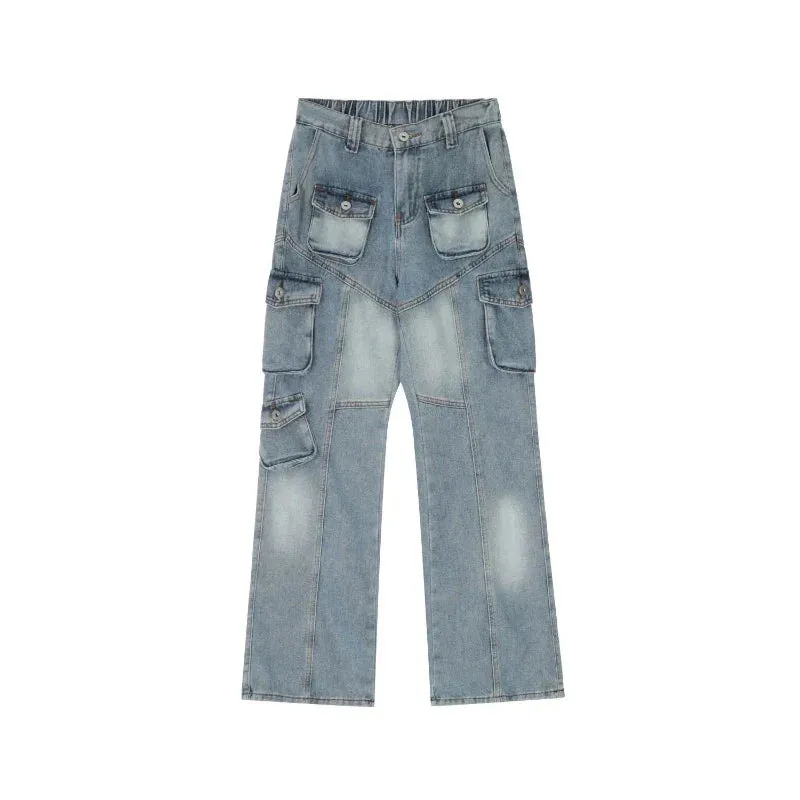 Vintage Baggy Wide Leg Women's Jeans with Straight Fit and Multi-pocket Denim Cargo Design