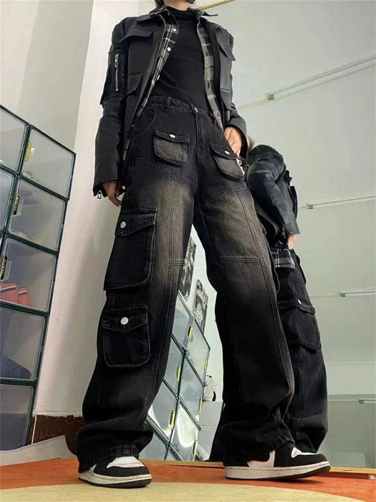 Vintage Baggy Wide Leg Women's Jeans with Straight Fit and Multi-pocket Denim Cargo Design