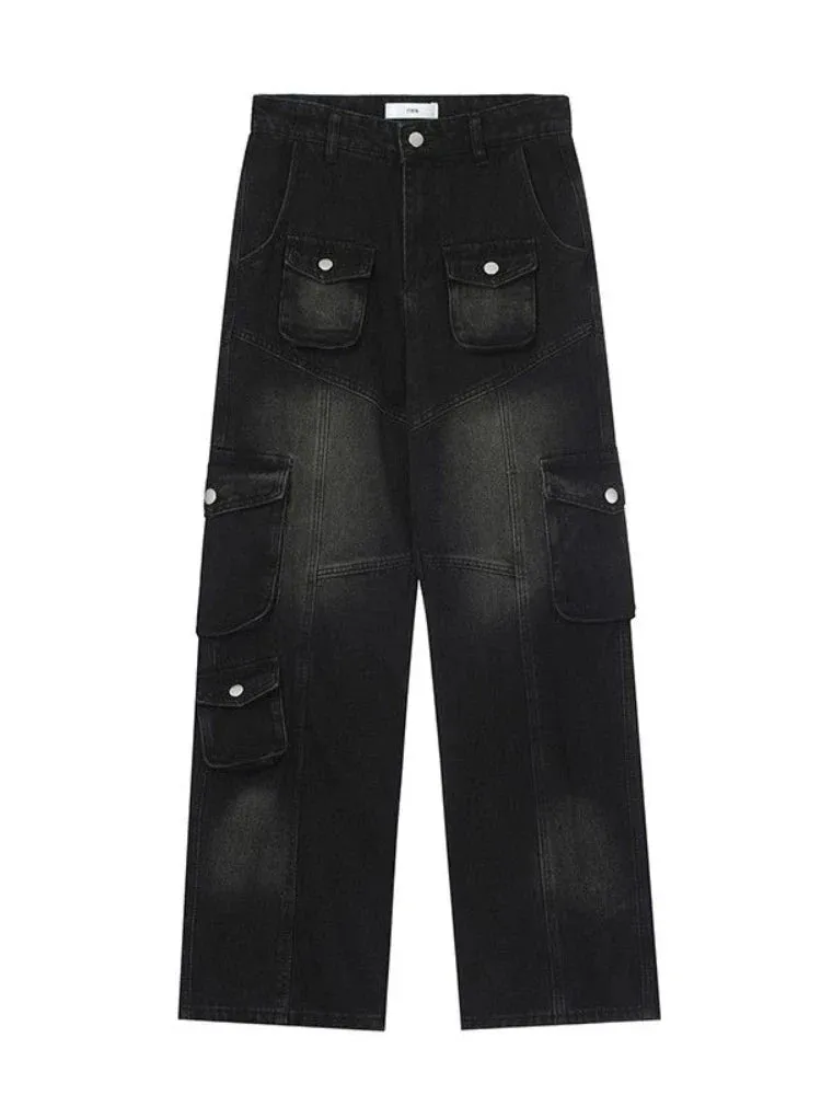 Vintage Baggy Wide Leg Women's Jeans with Straight Fit and Multi-pocket Denim Cargo Design