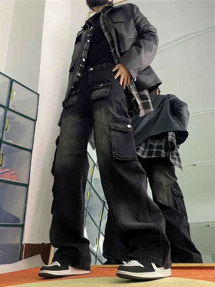 Vintage Baggy Wide Leg Women's Jeans with Straight Fit and Multi-pocket Denim Cargo Design