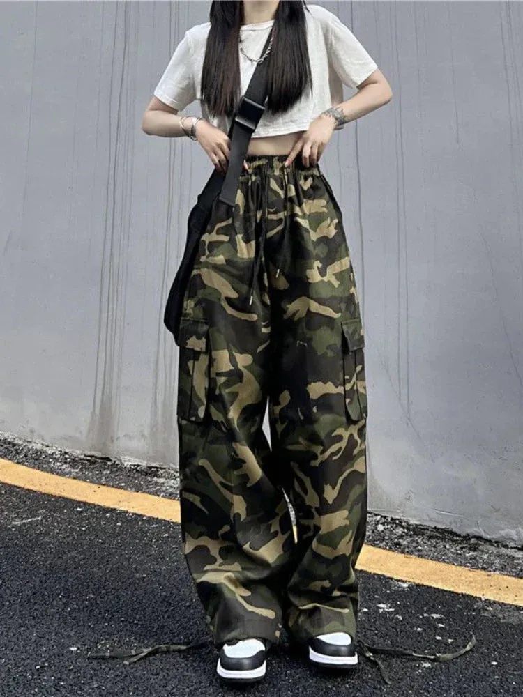 Vintage Cargo Baggy Pants Women Camouflage Wide Leg Pants