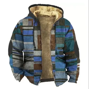 Vintage Men's Zip Up Hoodies Color Block Graphic Print Casual Winter Warm Clothing Sweatshirt Pullover Hooded Jacket Street wear