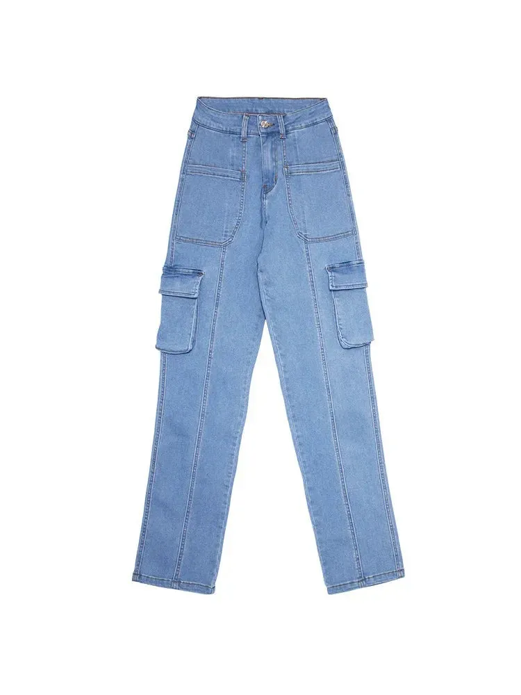 Vintage Women's Streetwear Straight-Leg Multi-pocket Casual 2024 Jeans