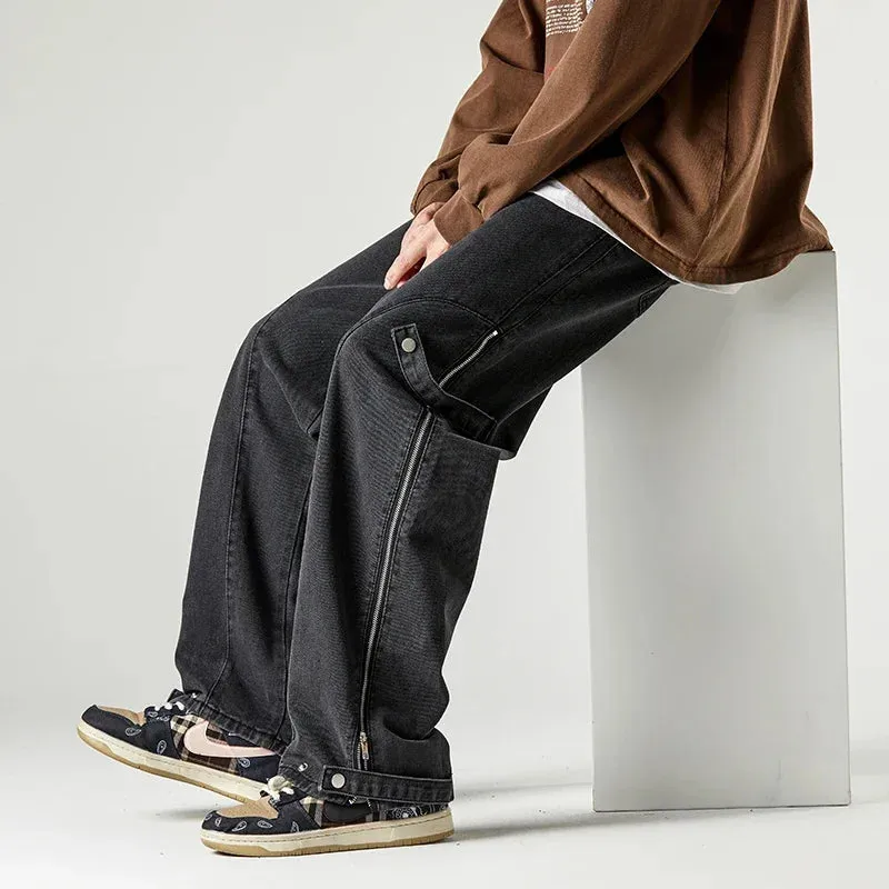 Wiaofellas Men Jeans Wide Leg Denim Cargo Jean Pants Loose Straight Baggy Men's Jeans Hip Hop Streetwear Skateboard  Neutral Denim Trousers