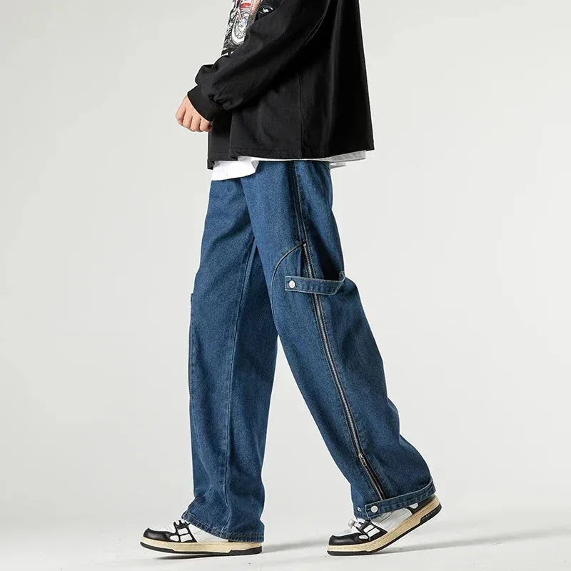 Wiaofellas Men Jeans Wide Leg Denim Cargo Jean Pants Loose Straight Baggy Men's Jeans Hip Hop Streetwear Skateboard  Neutral Denim Trousers