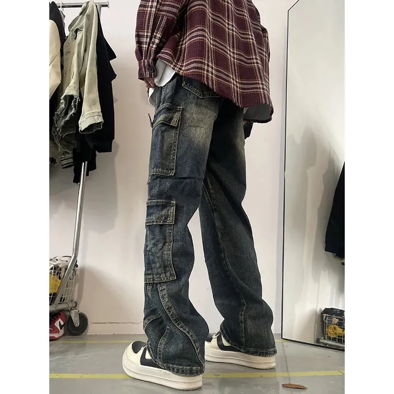 Wiaofellas  -  Men's Patchwork Blue Cargo Jeans Unisex Straight Casual Trousers Men Muti-pockets Hip Hop Streetwear 90s Vintage Fashion Pants