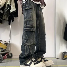 Wiaofellas  -  Men's Patchwork Blue Cargo Jeans Unisex Straight Casual Trousers Men Muti-pockets Hip Hop Streetwear 90s Vintage Fashion Pants
