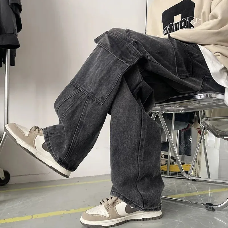 Wiaofellas  -  Men's Patchwork Blue Cargo Jeans Unisex Straight Casual Trousers Men Muti-pockets Hip Hop Streetwear 90s Vintage Fashion Pants