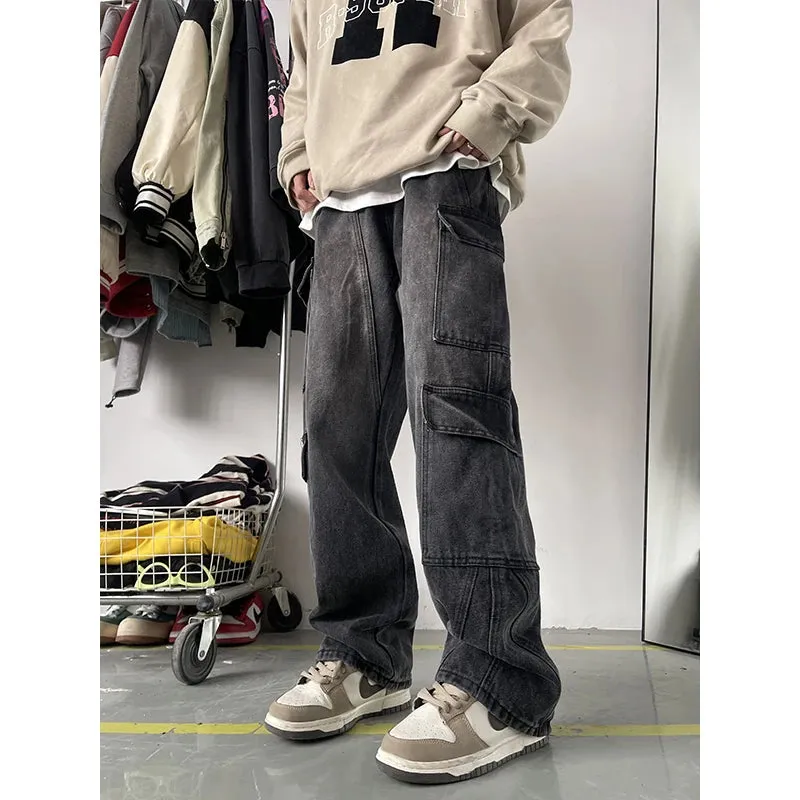 Wiaofellas  -  Men's Patchwork Blue Cargo Jeans Unisex Straight Casual Trousers Men Muti-pockets Hip Hop Streetwear 90s Vintage Fashion Pants
