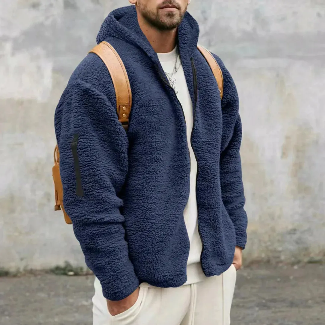 Winter Men Fluffy Fleece Thick Warm Coat Jacket Long Sleeve Hooded Coat Plush Buttons Closure Thicken Warm Men Coat Outerwear