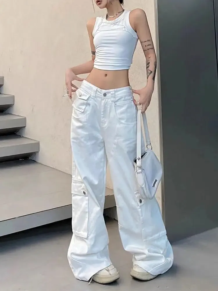 Women Waist Denim Pants Y2k Vintage Loose Style Wide Leg Cargo Pants