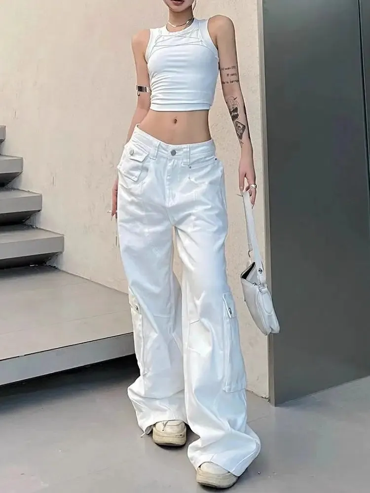 Women Waist Denim Pants Y2k Vintage Loose Style Wide Leg Cargo Pants