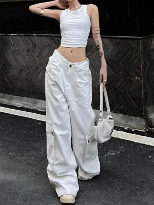 Women Waist Denim Pants Y2k Vintage Loose Style Wide Leg Cargo Pants
