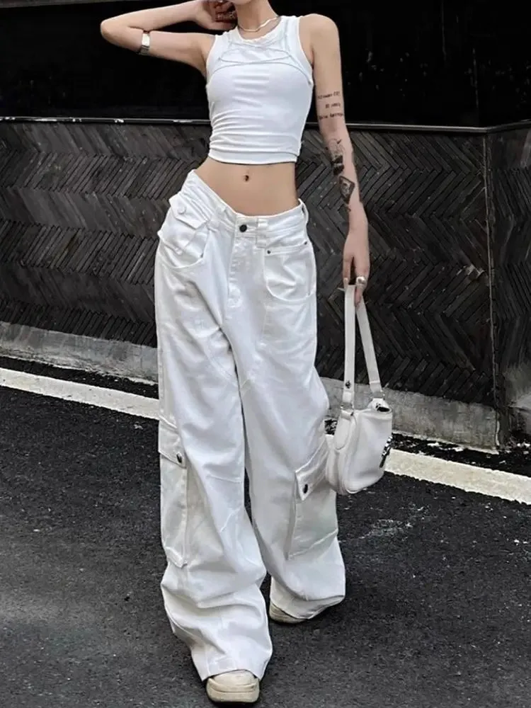 Women Waist Denim Pants Y2k Vintage Loose Style Wide Leg Cargo Pants