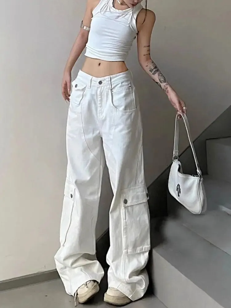 Women Waist Denim Pants Y2k Vintage Loose Style Wide Leg Cargo Pants