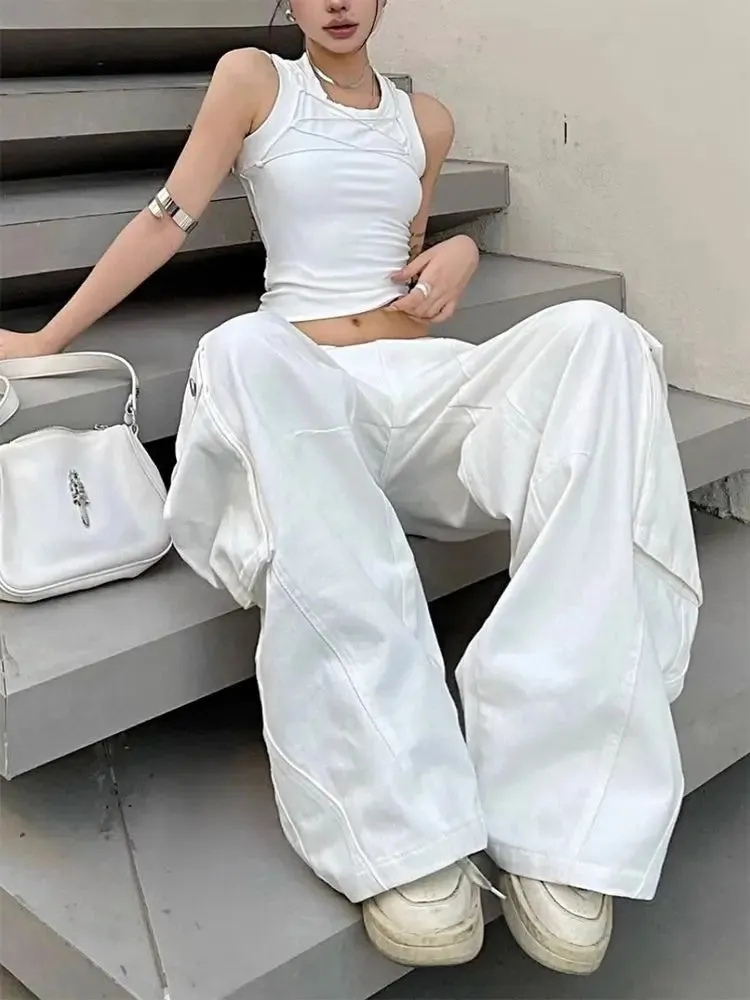 Women Waist Denim Pants Y2k Vintage Loose Style Wide Leg Cargo Pants