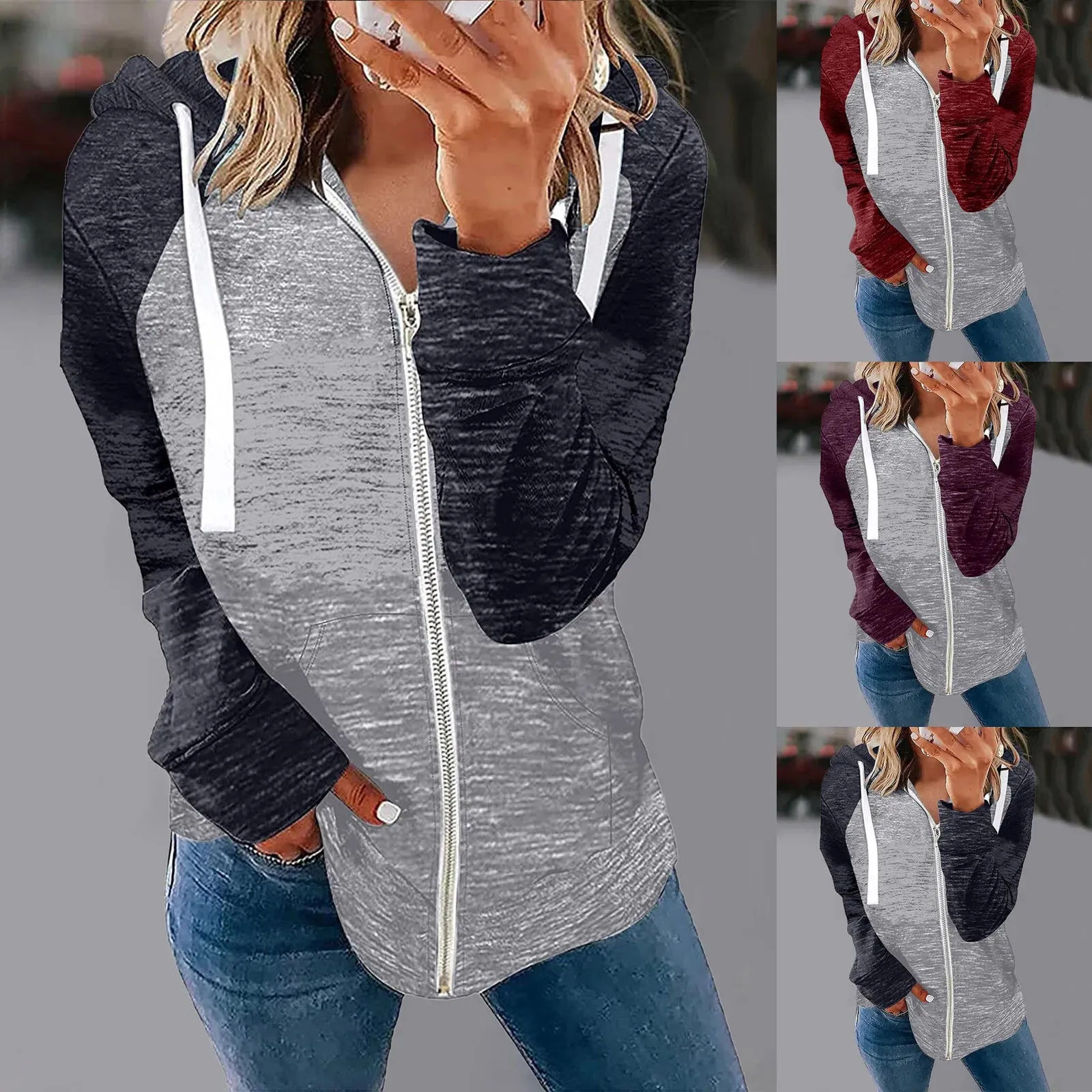 Womens Fleece Zip Up Jacket Women Casual Stitching Color Long Sleeve Zipper Pocket Hooded With Drawstring Womens Denim Jacket