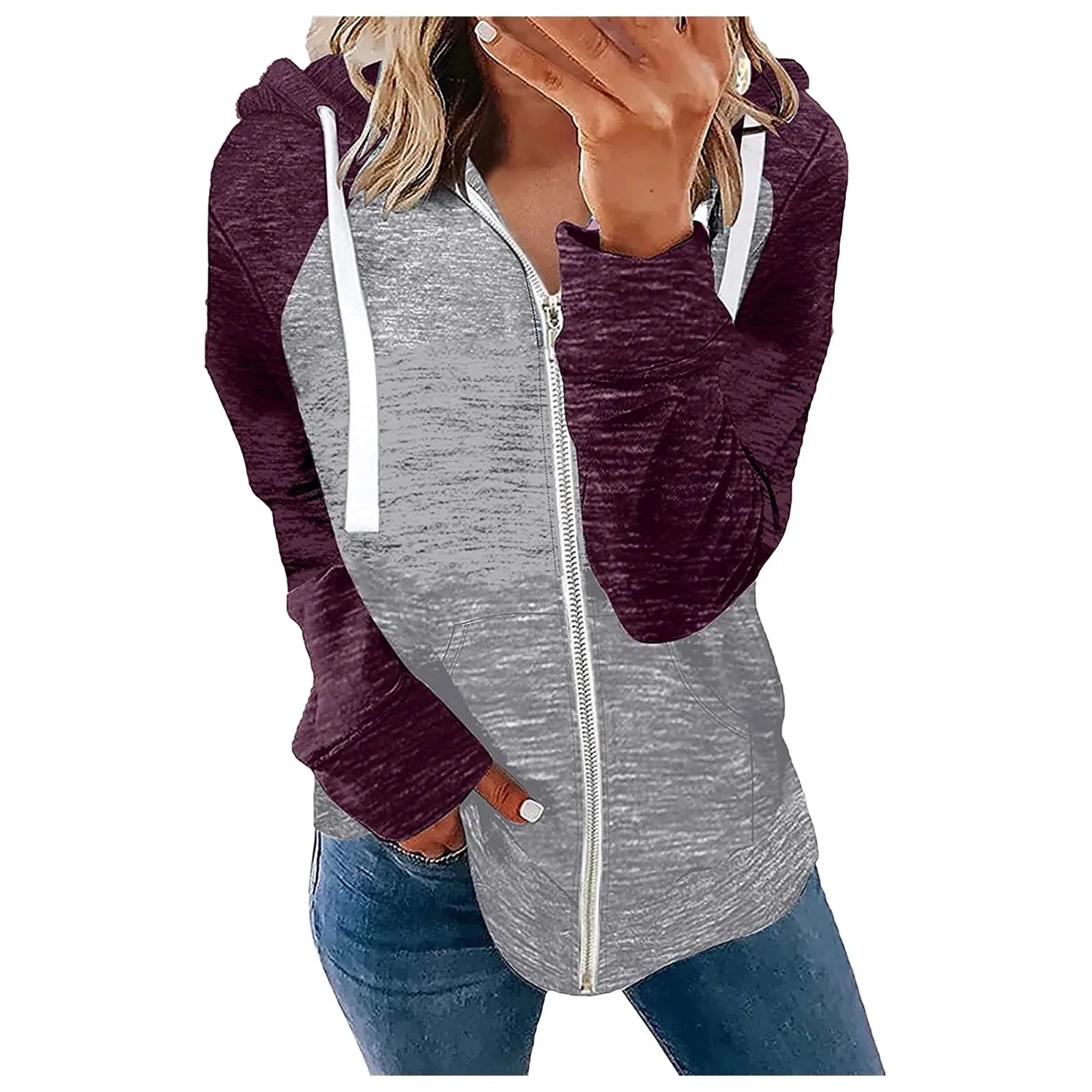 Womens Fleece Zip Up Jacket Women Casual Stitching Color Long Sleeve Zipper Pocket Hooded With Drawstring Womens Denim Jacket